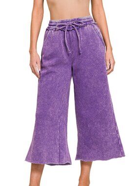 NTW Ladies Violet Purple Acid Wash Fleece Palazzo Drawstring Waist Sweatpants